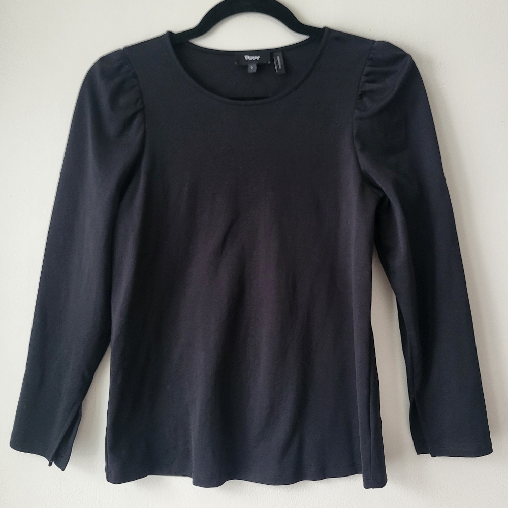 Theory Black Long Sleeve Feminine Puff Shouder Every Day Casual Layering Tee